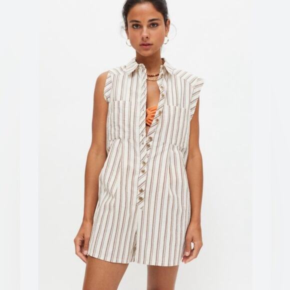 Urban Outfitters Zoey Workwear Romper Striped Ivory And Brown Size Medium NEW - Picture 1 of 10